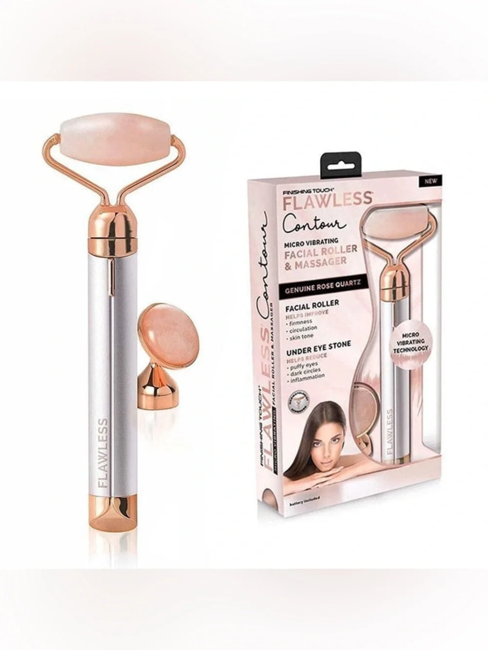 Finishing Touch Flawless Contour Vibrating Facial Roller & Massager Rose Quartz
